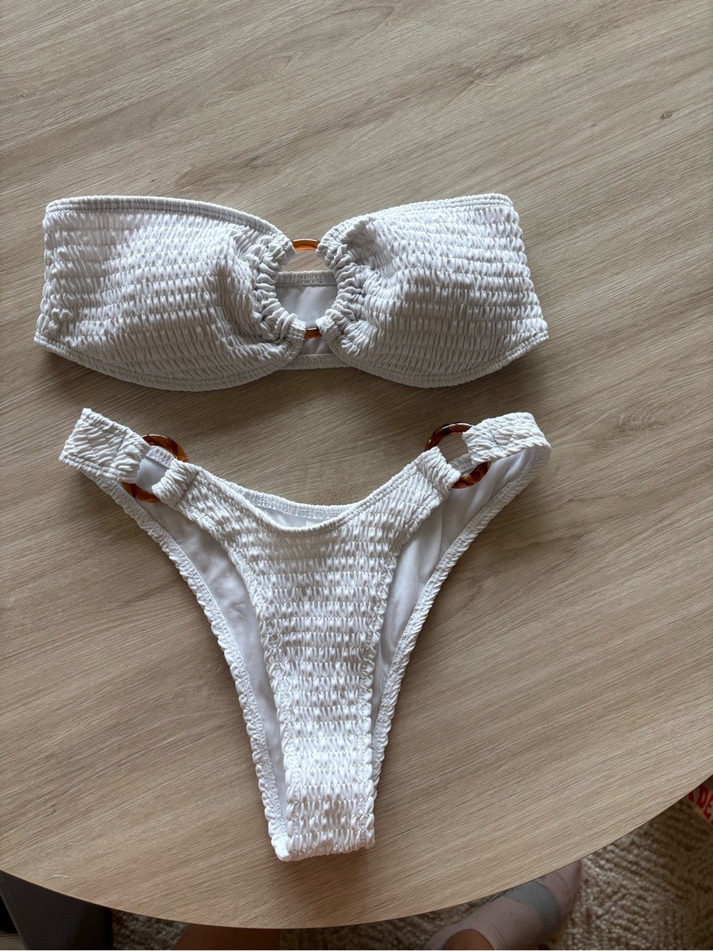 NWOT SHEIN White Smocked Bandeau Bikini Set with Tortoise Rings